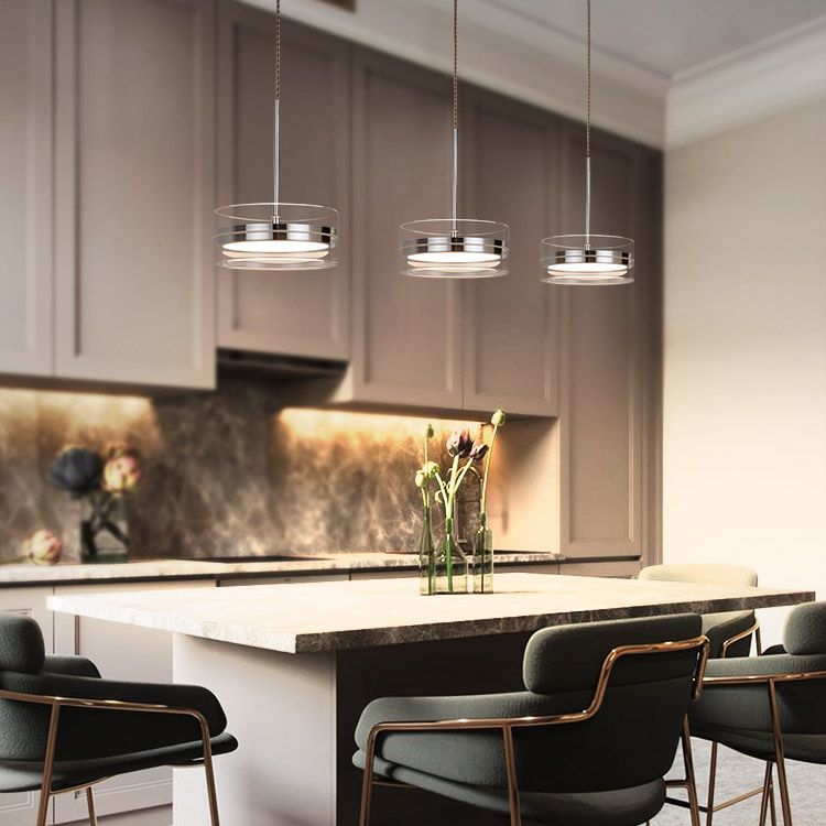 Iluminación de suspensión redonda plateada Simplicidad Cuerte LED de vidrio transparente para comedor