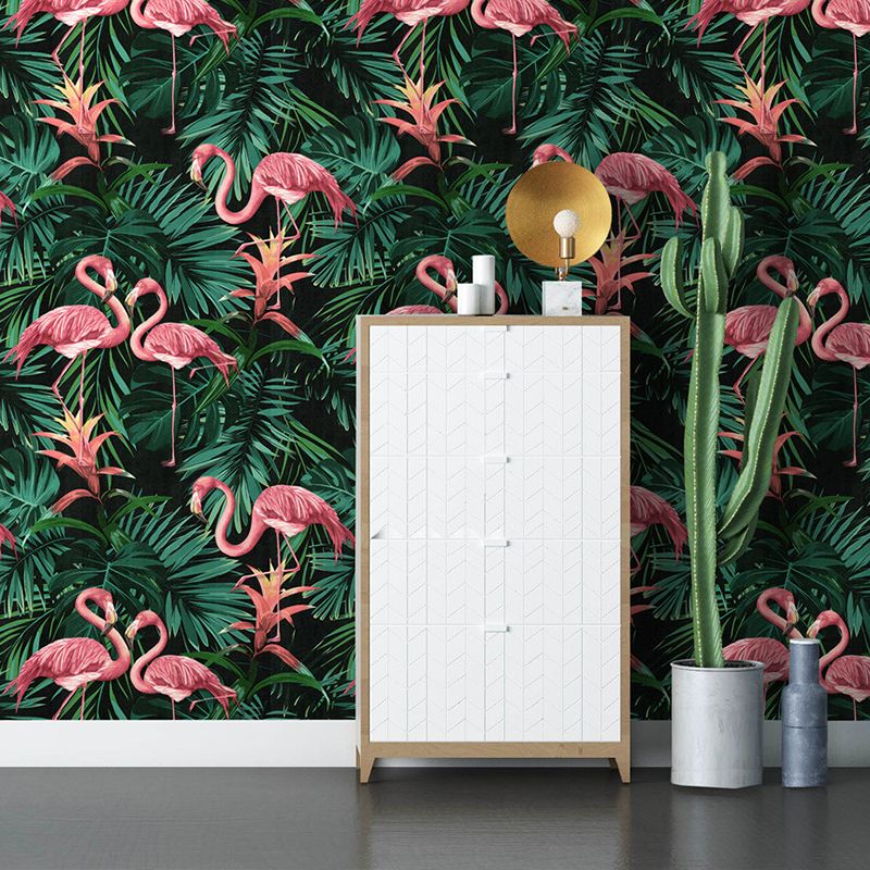 Vinyl 33' by 20.5" Tropical Non-Pasted Flamingo and Botanical Leaf Wallpaper