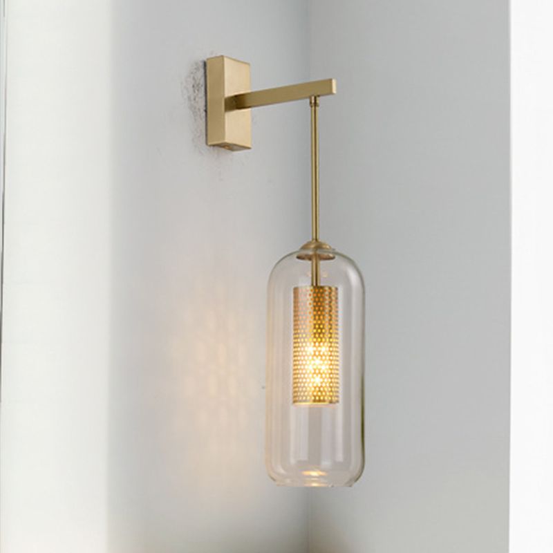 Clear Glass Capsule Wall Mount Light Fixture Modern 1-Head Sconce Lamp in Gold for Bedside