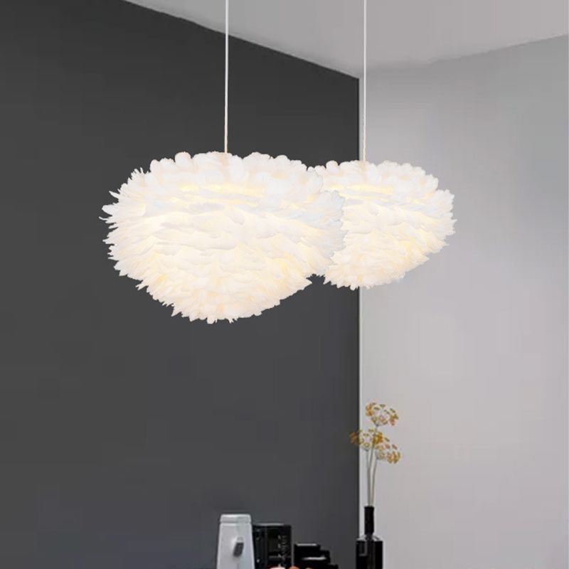 Domed Pendant Light Fixture Simple Feather Single White Ceiling Suspension Lamp for Dining Room, 12"/16" W