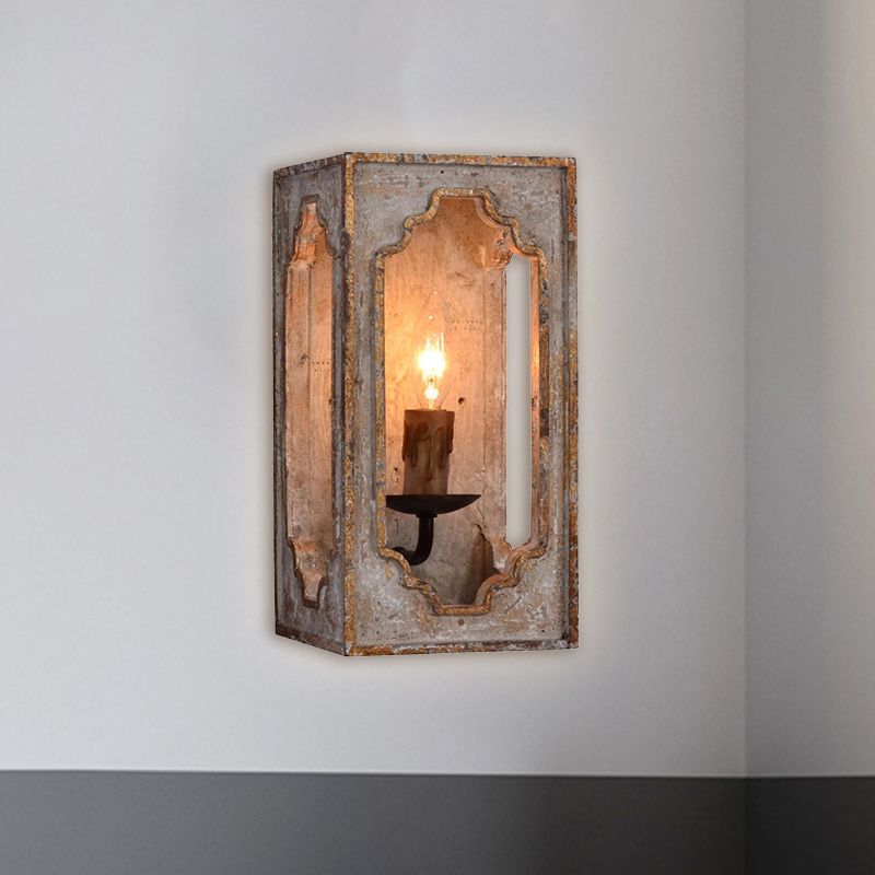 Metallic Cuboid Sconce Lighting Fixture with Candle Design Country Style 1 Bulb Corridor Wall Lamp in Rust