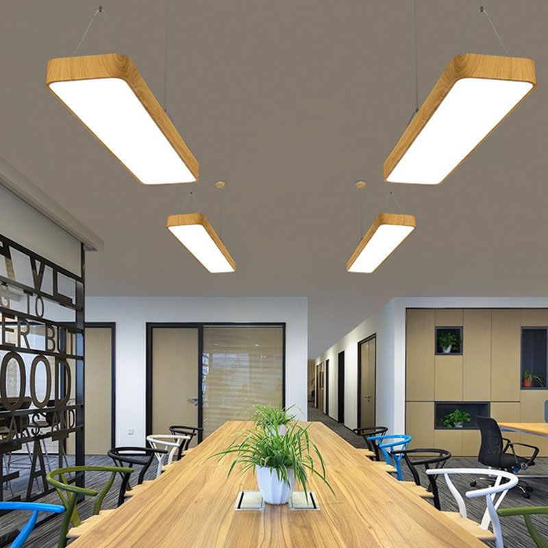 Rectangular Aluminum Drop Pendant Nordic Wood Finish LED Hanging Light for Office