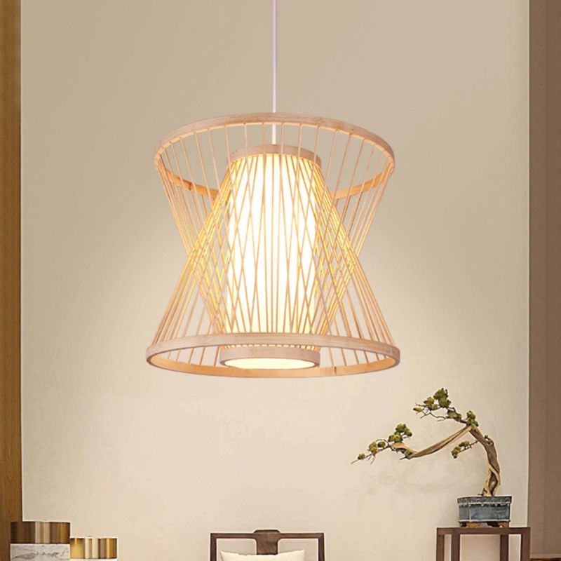 Cone Suspension Pendant Contemporary Bamboo 1 Bulb Wood Hanging Light Kit for Restaurant, 14"/16"/19.5" Wide