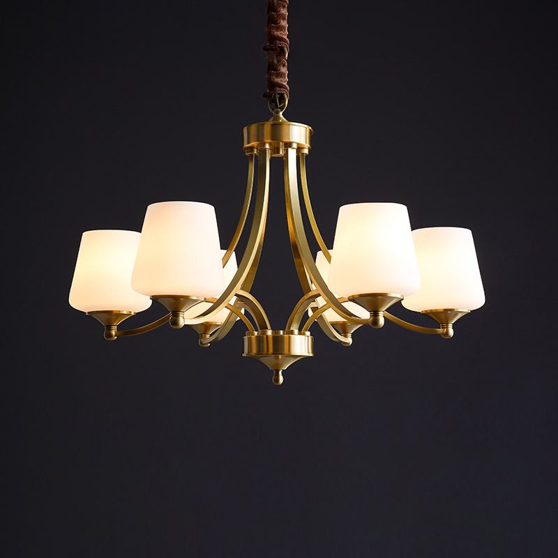Traditional Tapered Hanging Ceiling Light Opaline Glass Chandelier Lighting in Brass