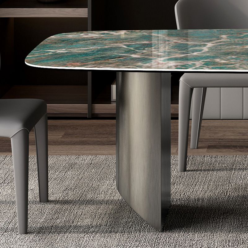 Sintered Stone Modern Rectangle Dining Table Green Stone Top Table with Metal Double Pedestal