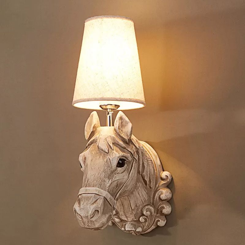 Art Deco Horse Head Wall Sconce Resin 1-Light Restaurant Wall Mounted Light with Cone Shade in Light Brown