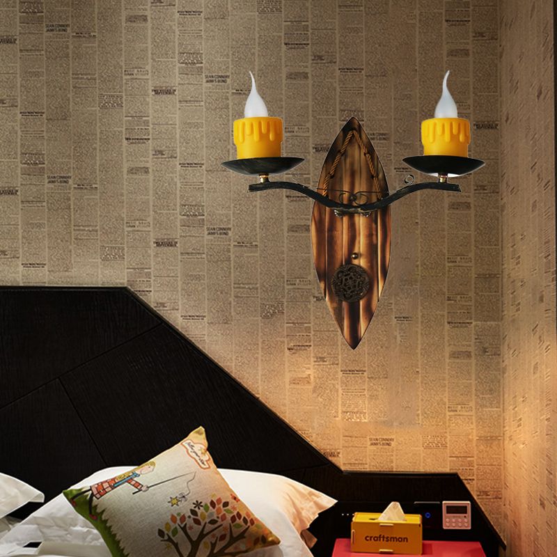 2 Lights Candle Wall Lamp Vintage Yellow Resin Sconce Light Fixture with Wood Backplate