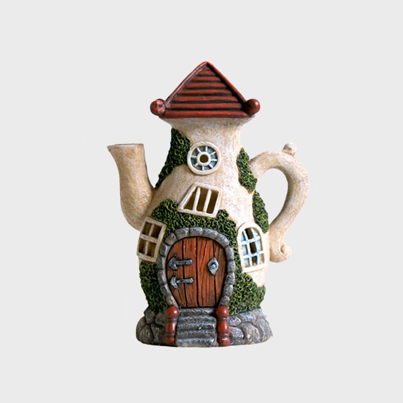 Kids Tea Pot House Solar Night Light Resin Garden Decorative LED Ground Lighting in Beige