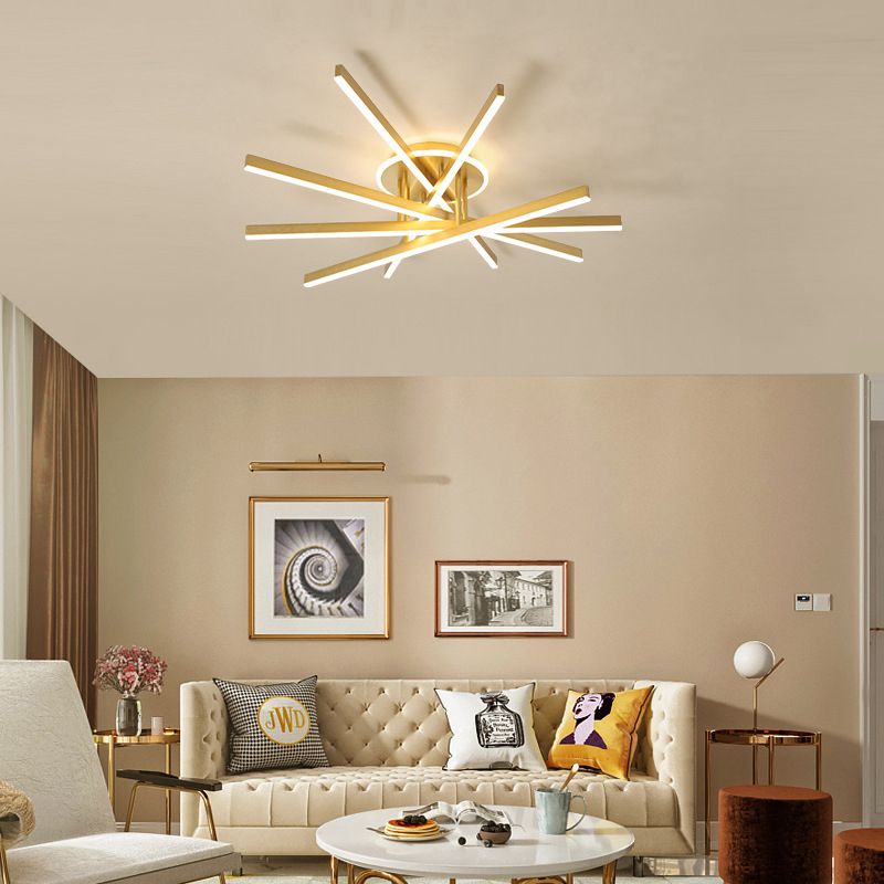 Slender Bar Semi Flush Mount plafond Aménagement de salon en métal moderne LED LED MONTER en or