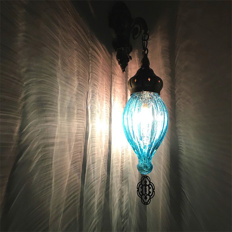 Traditional Teardrop Sconce Black/White/Light Blue Glass 1 Head Wall Mounted Lamp with Carved Metal Arm