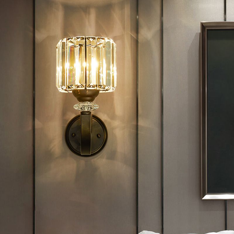 Black Single Wall Light Fixture Modern Prismatic Crystal Cylindrical Wall Mounted Lamp