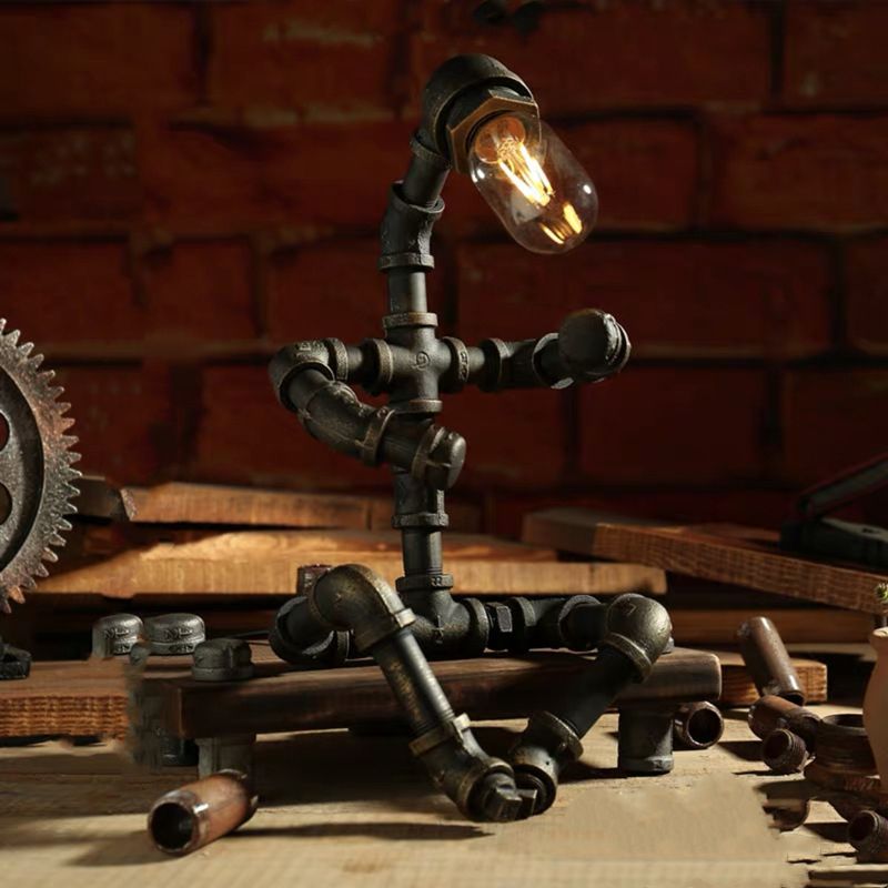 1-Light Wrought Iron Table Lamp Industrial Antiqued Brass Piping Bedroom Night Light