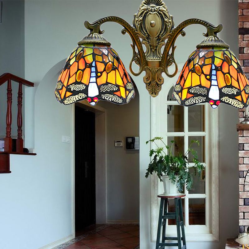 Tiffany Rustic Dragonfly Wall Lamp Stained Glass 2 Bulbs Orange Wall Sconce for Coffee Shop