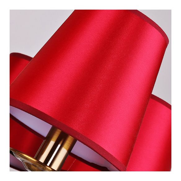 Fabric Red and Brass Chandelier Conical Country Style Pendant Light for Living Room