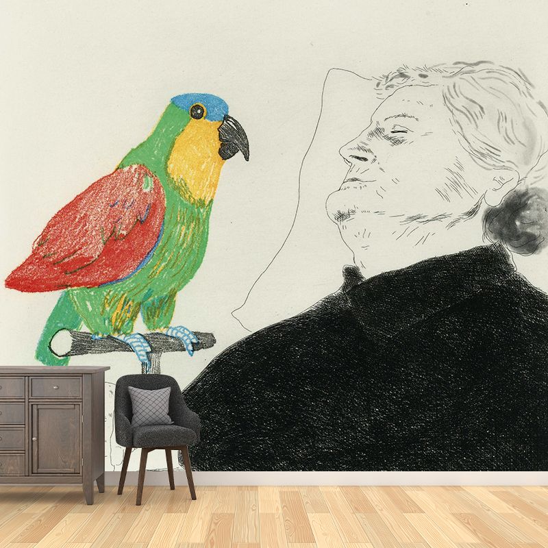 Old Lady with Parrot Murals Wallpaper Red-Green Artistry Wall Covering for Living Room