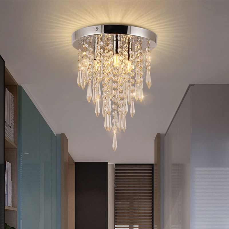 3 Lights Close to Ceiling Lighting Fixture Nordic Draping Crystal Droplet Flush Mount in Chrome