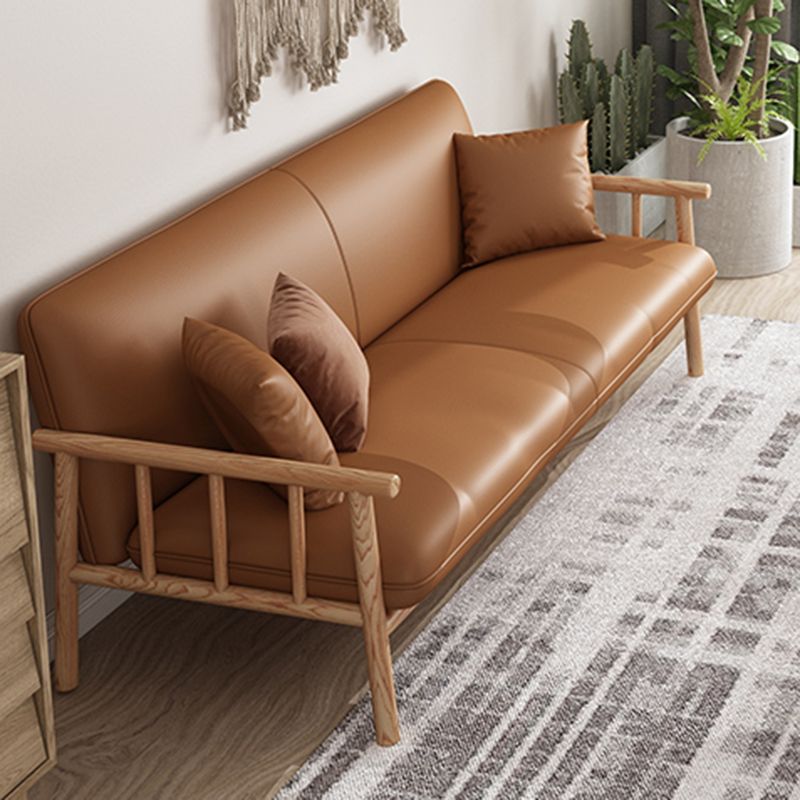 Stationary Leather Living Room Sofa Tuxedo Arm Settee in White/Brown