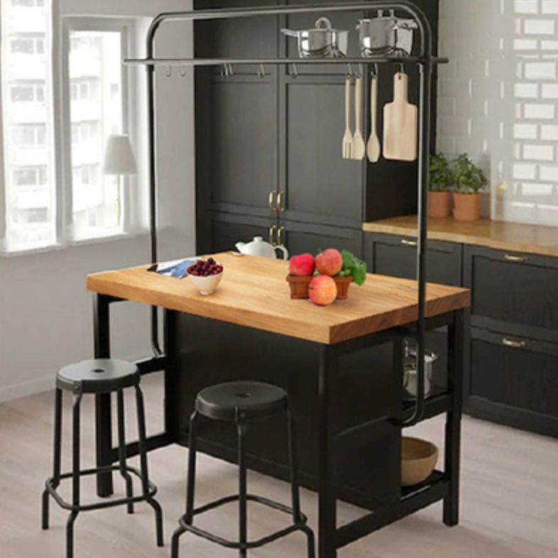 Industrial Kitchen Island Solid Wood Kitchen Island Table with Open Storage