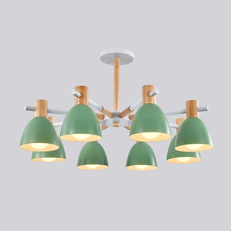 Bell Shaped Living Room Chandelier Metal Macaron Style Ceiling Hang Light with Wood Accents