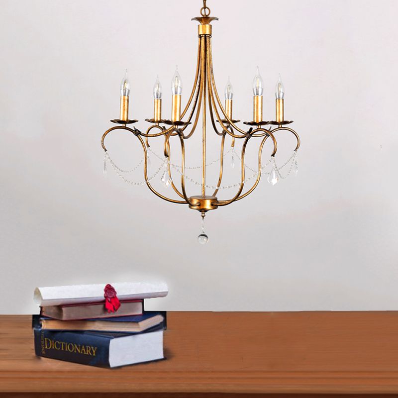 Metal Candle Chandelier Lamp Retro 6 Bulbs Silver/Gold Pendant Lighting Fixture with Crystal Teardrop for Dining Room