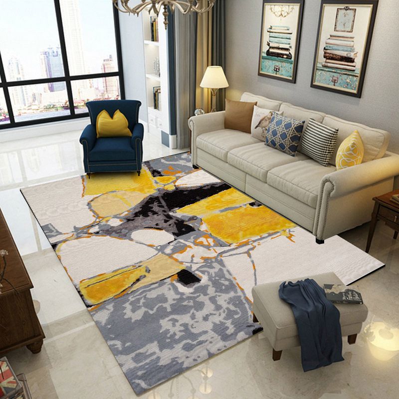 Modern Watercolor Pattern Rug Yellow and Beige Polyester Rug Washable Non-Slip Backing Area Rug for Bedroom