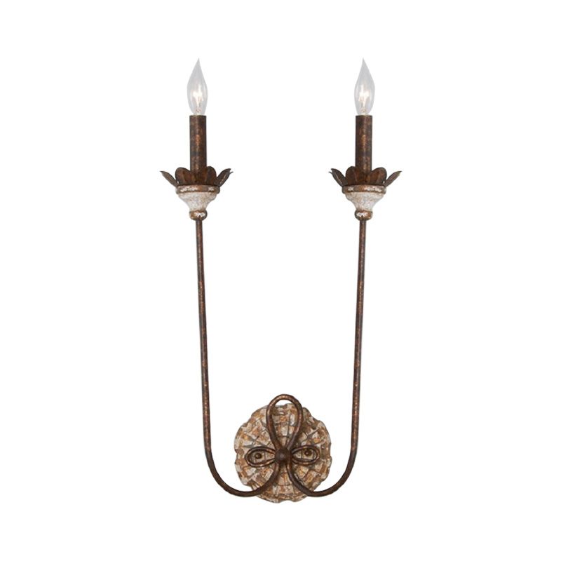 Rust Wall Lighting Country Style Metal 2-Light Dining Room Sconce Lamp with Flower Deco