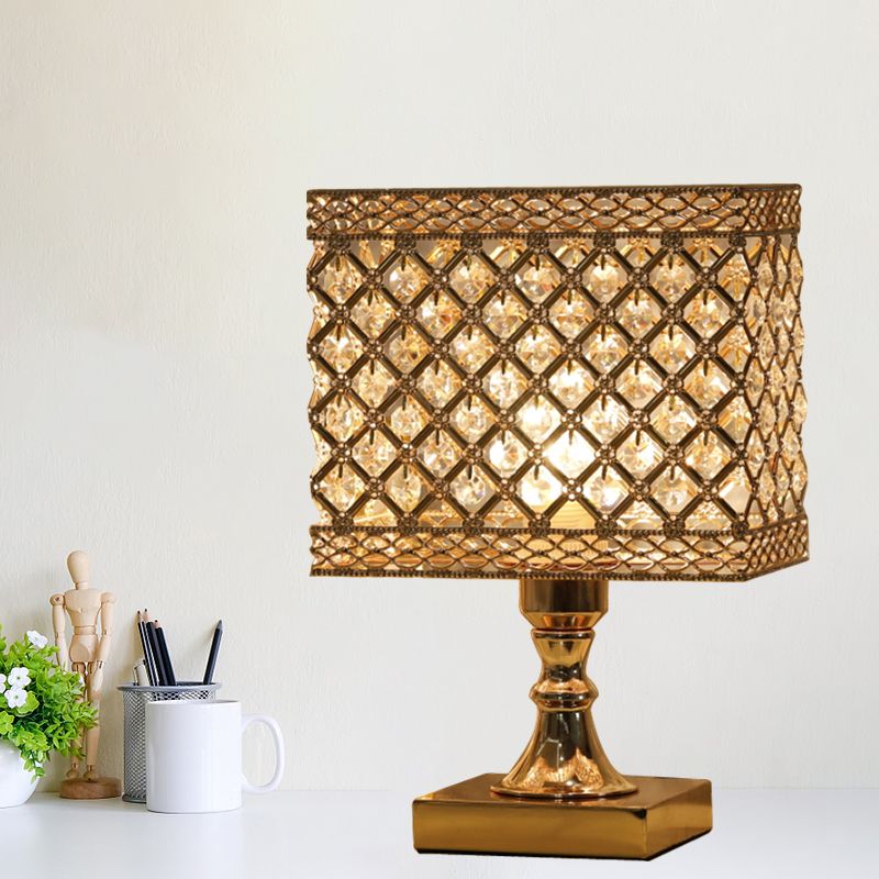 Gold Geometry Reading Light with Grid/Dot Design Modernist 1-Light Crystal Encrusted Nightstand Lamp for Bedside