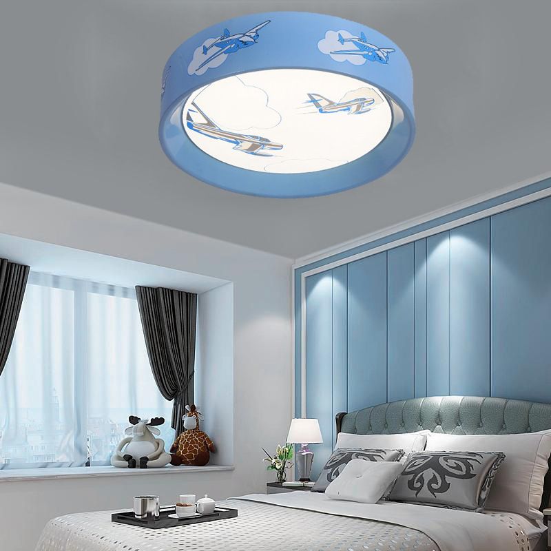Blue Round Flush Mount Ceiling Light met Plane Cartoon Acryl Plafond Light Fixture voor slaapkamer