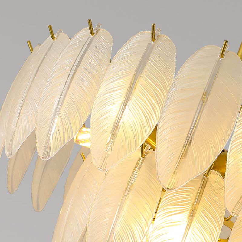 Gold Modern Metal Ceiling Light Feather Shape Island Lamp with Glass Shade for Living Room