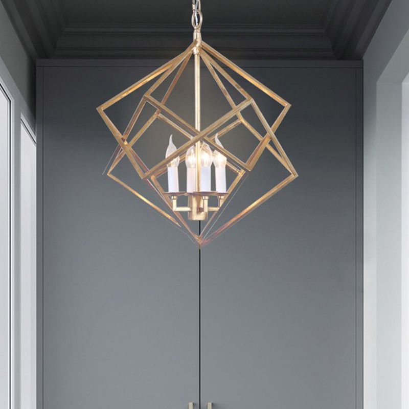 Geometric Metal Chandelier Light Traditional 6 Lights Living Room Pendant Lighting in Brass/Chrome