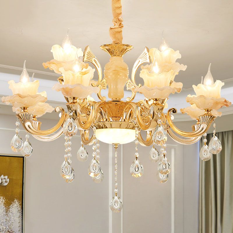 Blossom Jade Chandelier Light Fixture Minimalist Gold Hanging Lamp Kit with Crystal Draping