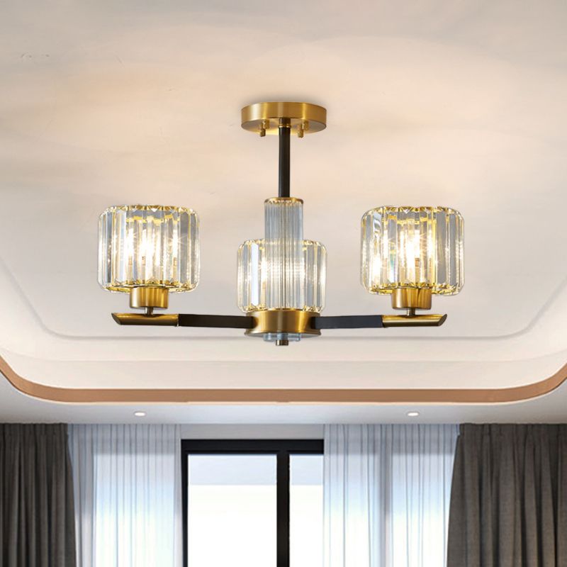 Simplicity Cylinder Semi Mount Lighting 3/6 Lights Crystal Block Ceiling Light in Black and Gold
