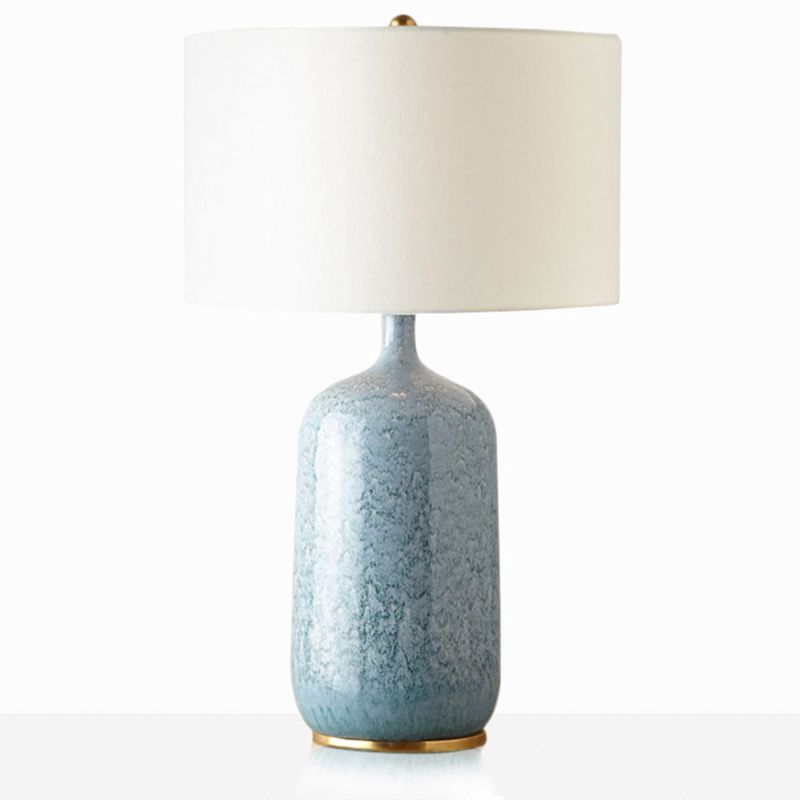 Blue Drum Table Light Minimalistic 1��Bulb Fabric Nightstand Lighting with Ceramic Base