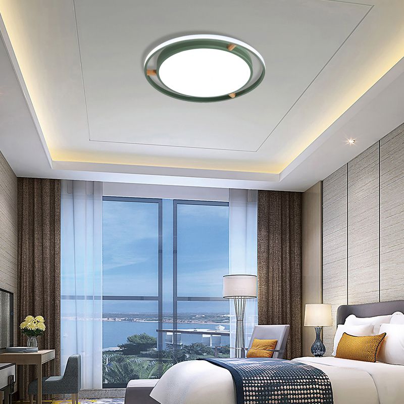 Nordische LED Deckenbündelleuchte Weiß/Grün/Grau Zweikreis dünne Flushmount Beleuchtung mit Holz Arm, 16 "/19.5" /23.5 " W