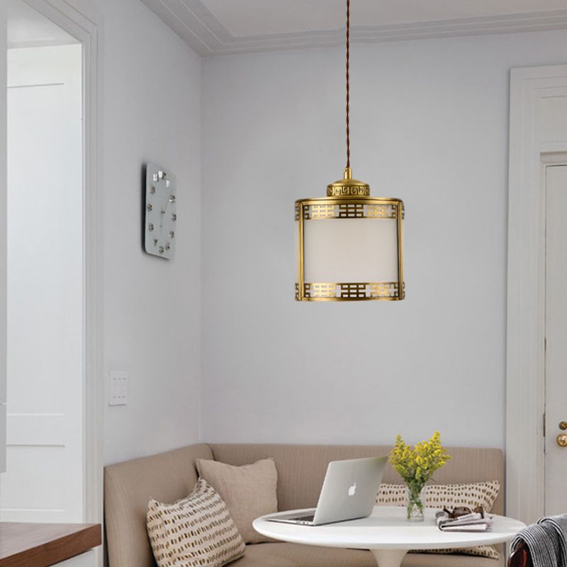 Cylinder Frosted Glass Pendant Lamp Traditional 1 Light Corridor Hanging Ceiling Light in Brass with Metal Frame