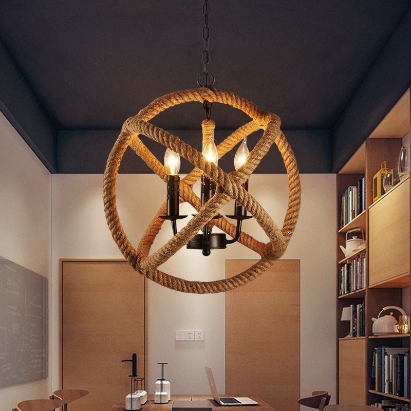 Hemp Rope Yellow Chandelier Light Orbit Globe 3-Light 14"/16.5"/20.5" Wide Farmhouse Pendant Lighting Fixture