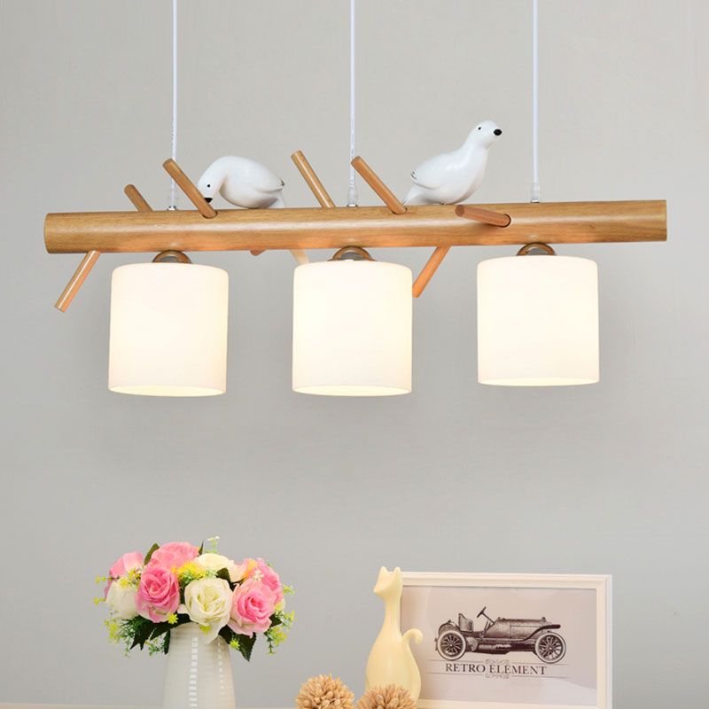 Glass Cylinder Shade Island Light Dining Room 2/3 Lights Wood Hanging Chandelier with Bird Decor