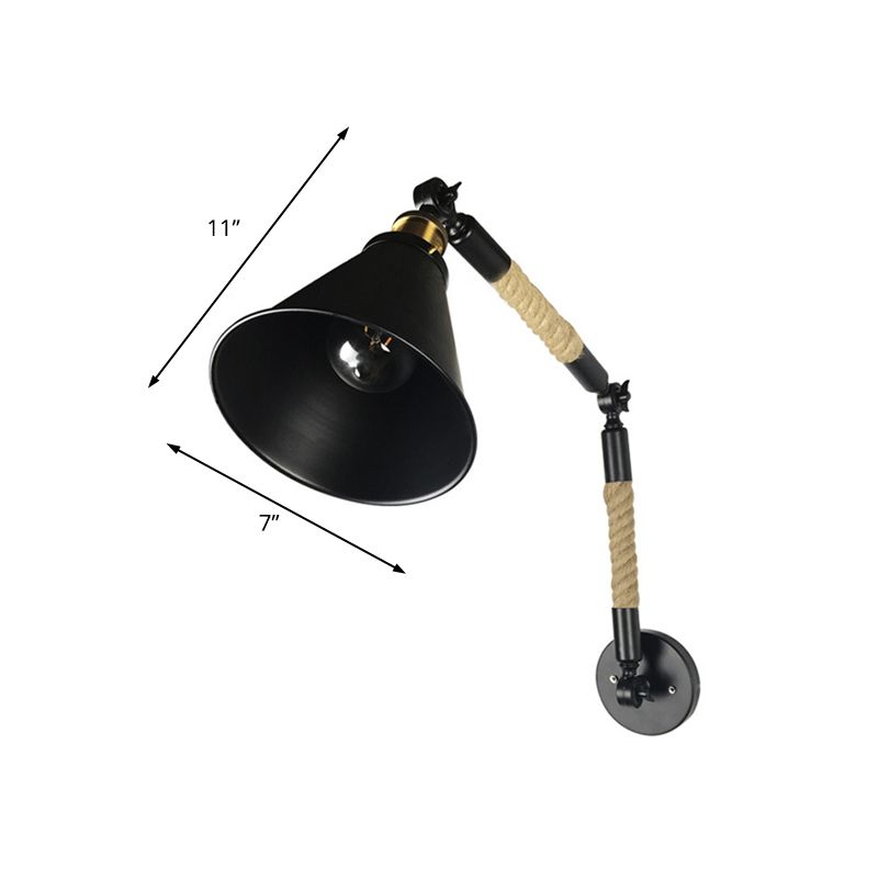 Kegelschlafzimmer Wandmontage Beleuchtung Vintage Style Metal und Seil 1 Glühbirne Schwarze Leuchtenleuchte