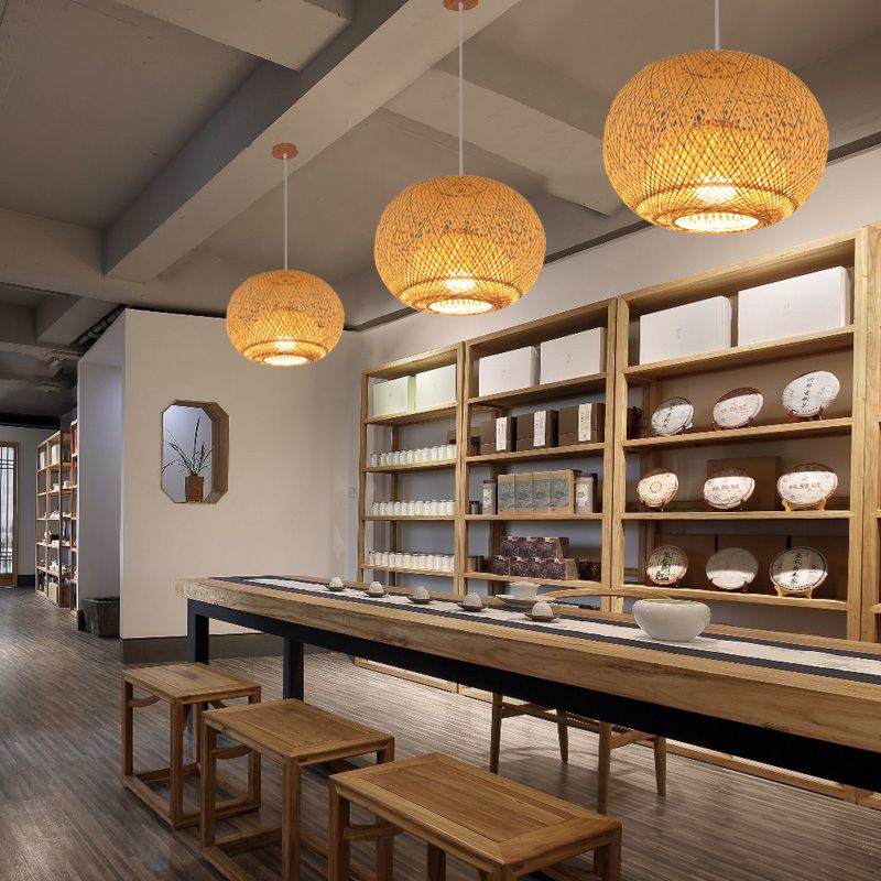 Wood Handwoven Pendant Lighting Contemporary 1 Bulb Bamboo Suspension Light Fixture