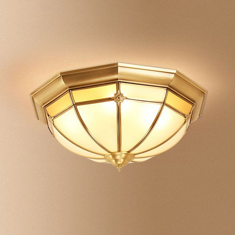 Colonial Dome Shaped Flush Mount Lighting Opal Frosted Glass Ceiling Fixture in Brass