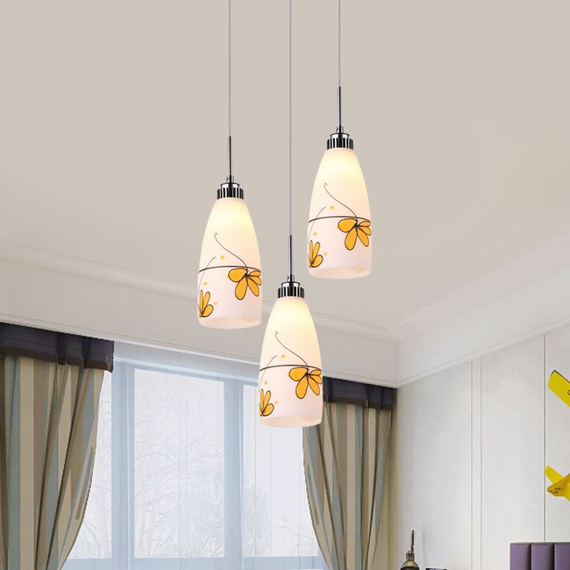 3-Bulb Cone Multiple Hanging Lamp Minimalism Black/Yellow/Blue Printing Glass Pendulum Lamp with Linear/Round Canopy