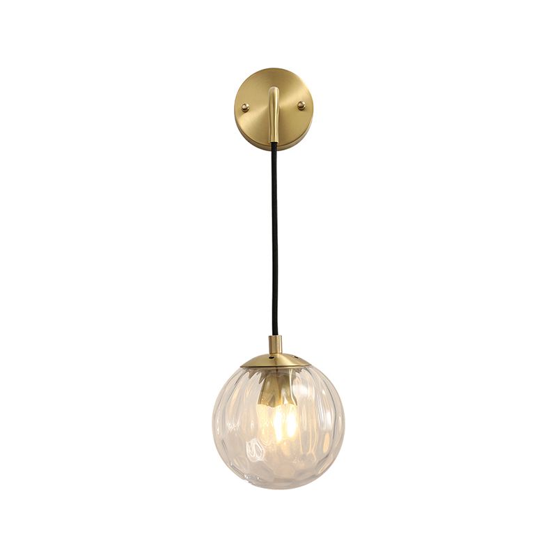 Clear Ripple Glass Ball Wall Light Minimalistic 1-Light Brass Sconce Fixture for Dining Room