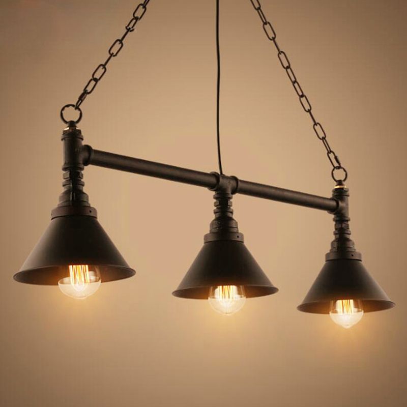 Conical Restaurant Island Light Fixture Industrial Metal 3-Head Black Hanging Ceiling Light