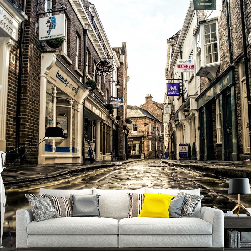 Large Printed Photo Mural Wallpaper Street and European Building Wall Art for Bar and Coffee Shop, Pastel Yellow