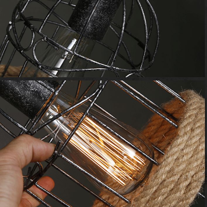 Industrial Iron Cage Island Light Fixtures with Adjustable Hemp Rope 3 Lights Ceiling Pendant for Bar