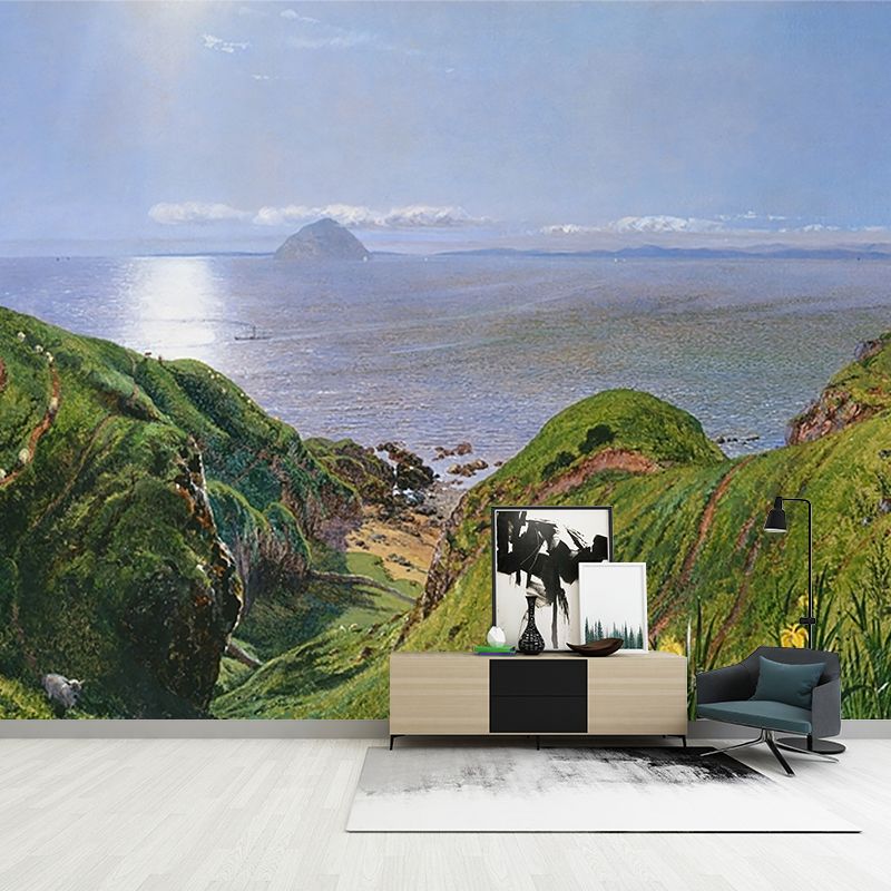 Blue-Green Coast Mountains Mural Landscape Modern Waterproof Wall Art for Home Decor