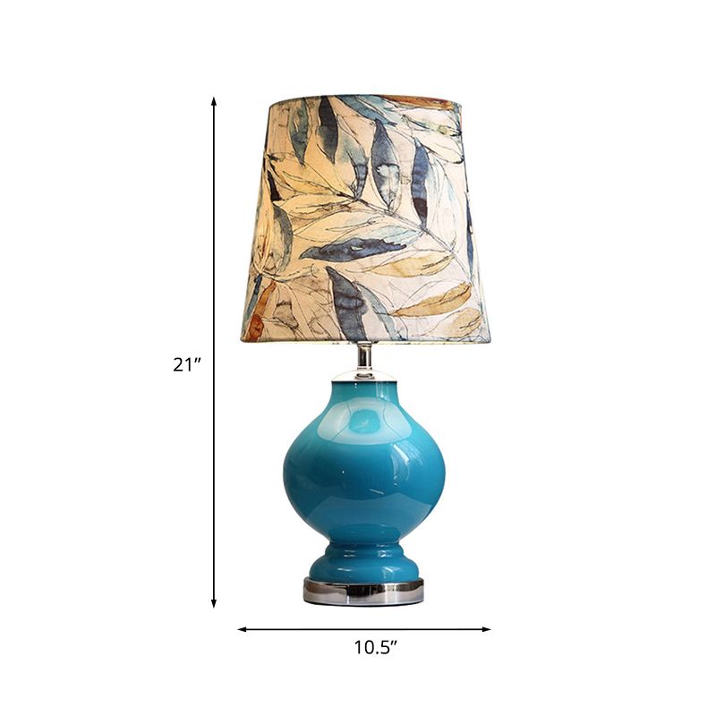 Blue 1 Lámpara de mesa de impresión de noche ligera Lámpara de mesa de barril de tela modernista para la cama para la cama