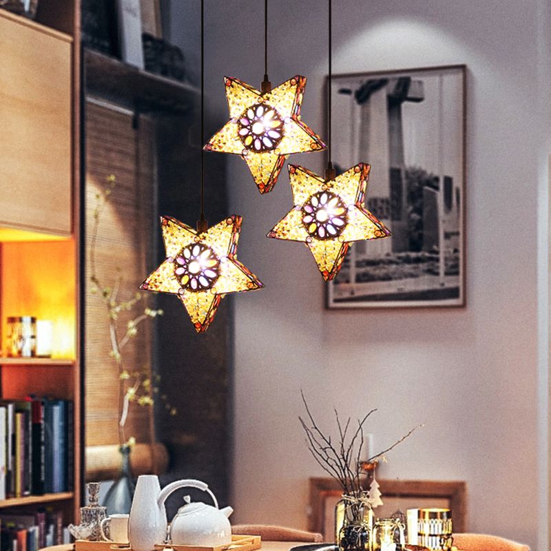 Metal Pentagram Pendant Ceiling Light Art Deco 1 Head Dining Room Drop Lamp in Black/Red/Yellow