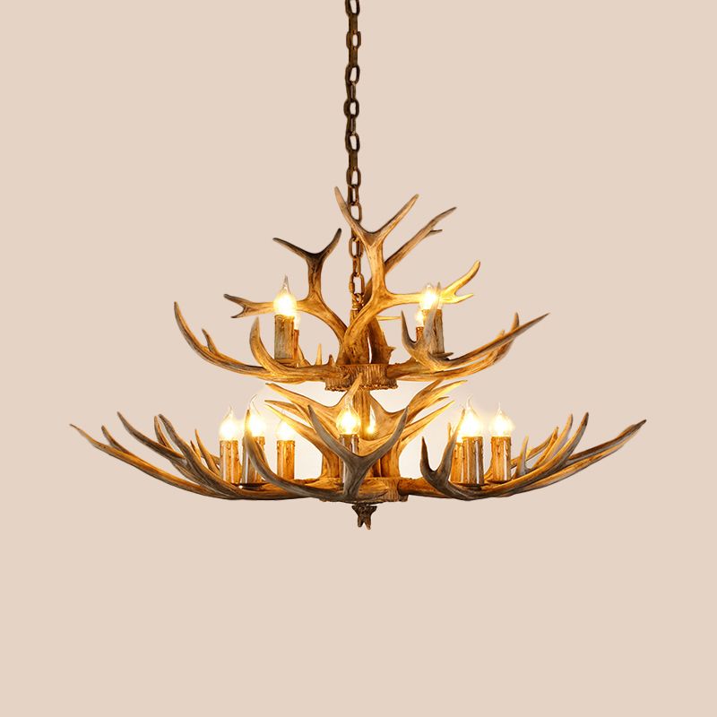 Forme de bougie en résine Sanging Chandelier Farmhouse 12 bulbes Restaurant suspension Pendant Light in Brown