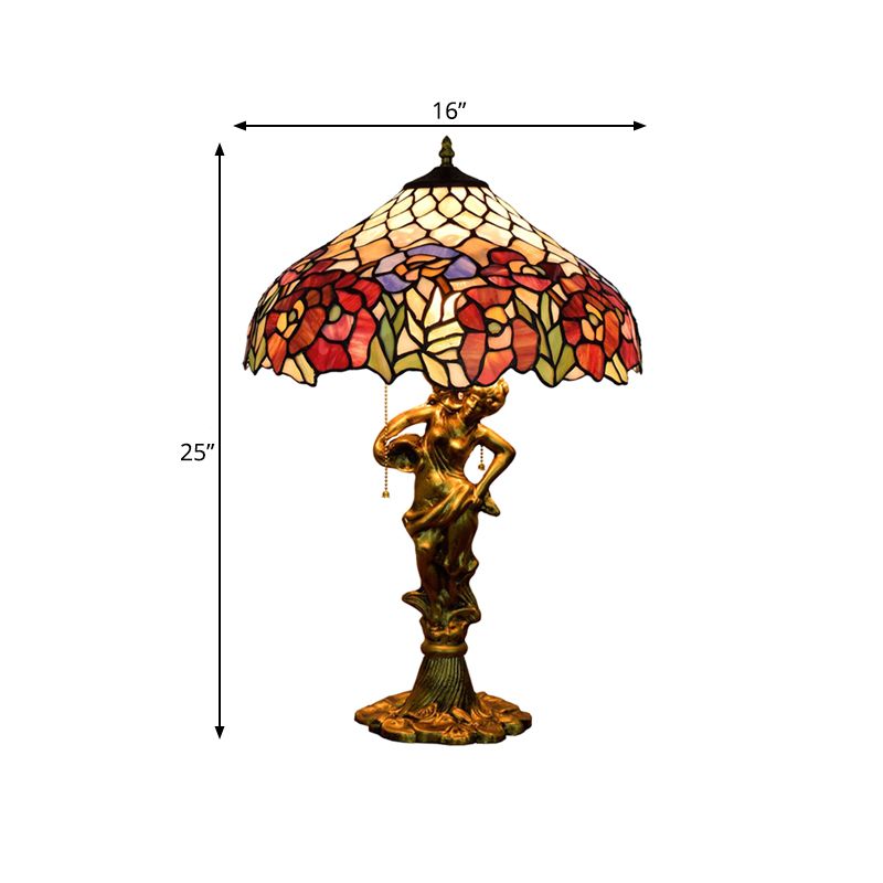 Roseborder Pointed Shade Table Lamp 3 Heads Stained Glass Victorian Night Light with Bronze Sculpture and Pull Chain